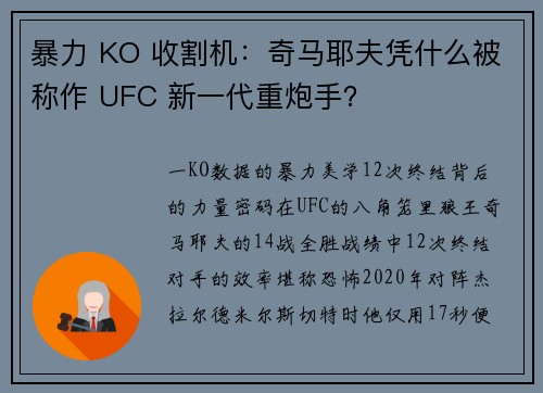 暴力 KO 收割机：奇马耶夫凭什么被称作 UFC 新一代重炮手？