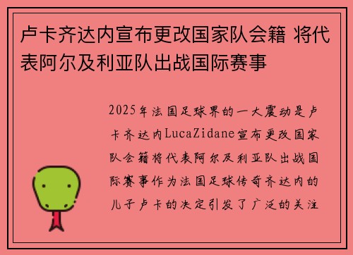 卢卡齐达内宣布更改国家队会籍 将代表阿尔及利亚队出战国际赛事
